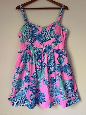 LILLY PULITZER Ardleigh Sun Dress Pink Blue Seashell Print Sz 16 Smocked Pockets